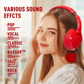 Mokata Bluetooth Headphones Over Ear 68H Playtime 6 EQ Wireless Headset with Microphone HiFi Stereo Foldable Lightweight Deep Bass for Travel Home Office Cellphone Red