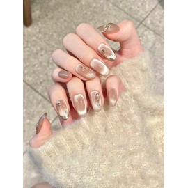 BIBII Nails Handmade Nail Tip Kit, Long Oval, 3D Nails, Finger Suit for Spring and Summer, Korea, Popular, 10 Pieces, Thin Color, Cat Eye, Magnet, Long, False Nails, 100% Handmade Nails, Reusable,