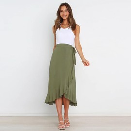 Odizli Women's Elegant High Waist Ruffle Wrap Skirt Summer Midi Long Skirt, olive green