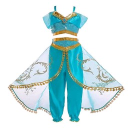 Discoball Jasmine Princess Costume for Girls Amazing Tour Kids Aladdin Costume Princess Jasmine Dress Up Girls Dance Costume Outfit Kids Fancy Dress (UK 3-4 Years, Blue)