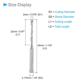 CoCud Spiral End Mill, 1/8" Shank 2mm x 22mm Solid Carbide 1-Flute CNC Router Bit Milling Cutter - (Applications: for Plywood Hardwood Plastic), 1-Piece