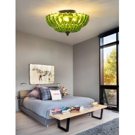 Semi Flush Mount Ceiling Light, Green Glass Ceiling Light Fixture, 3-Bulb Modern Black Close to Ceiling Light, Vintage Glass Ceiling Lights for Bedroom Kitchen Living Room, Bulb Not Included
