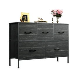 WLIVE Dresser for Bedroom with 5 Drawers, Long Storage Dresser, Fabric Dressers, Storage Drawer Unit with Fabric Bins for Closet, Hallway, Charcoal Black Wood Grain Print, Size L