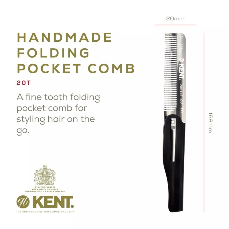 Kent 20T Handmade Folding Pocket Comb for Men, Fine Tooth