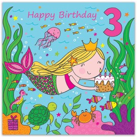 Twizler Girls 3rd Birthday Card - Cute Mermaid & Glitter Age 3 Year Old Birthday Card for Girl