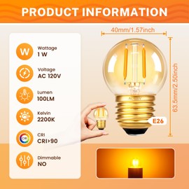 SCNNC G40 1W Low Wattage Light Bulbs Equivalent to 20 Watt Light Bulbs Amber Glass Small Globe Light Bulb E26 Standard Base 2200K Warm White 100LM Non Dimmable -2 Pack