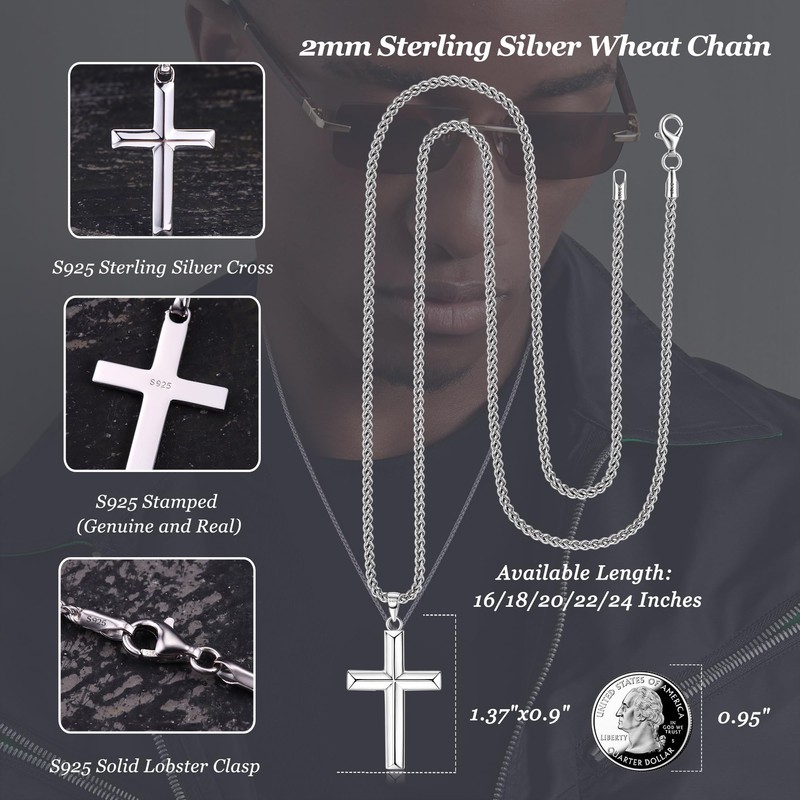 MILACOLATO 925 Sterling Silver Cross Necklace for Men Women 18K