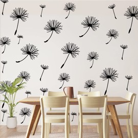 66 Pcs Wall Decals Peel and Stick Dandelion Wall Stickers Metallic Flower Murals Floral Decor Sticker for Bedroom Bathroom Living Room Nursery Office Decor(Black,6 Pcs)