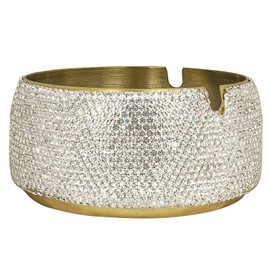 Biiange Rhinestone Ashtray, Stainless Steel Ashtray, Bling Ashtray for Home, Stainless Steel Round Shaped Ash Storage Tray Box For Indoor Outdoor (Gold)