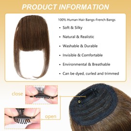 RUN SHUI Clip in Bangs-100% Real Human Hair French Bangs Hairpieces Auburn Brown Clip on Fake Bangs with Temples Thick Bangs Hair Extensions