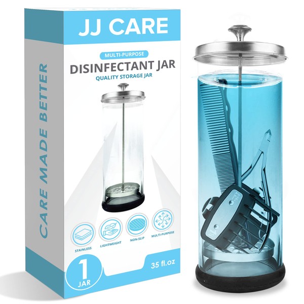 JJ CARE Disinfectant Jar (35oz) - Barber Jar Glass, Sanitizer Disinfectant Glass Jar, Barber Disinfectant Jar, Implement Disinfectant Container w/Stainless Steel Removable Strainer & Cap - Silver Lid