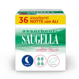 Saugella Assorbenti Cotton Touch Notte, 36 Assorbenti Cotone Notte con Ali, Azione Antibatterica, Antiodore e Lenitiva
