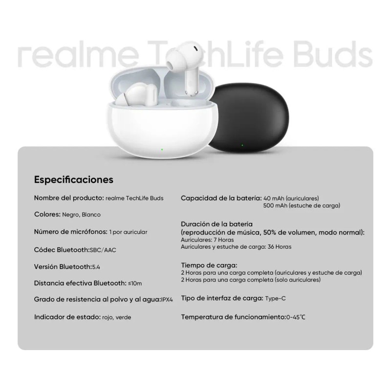 Audfonos Realme Techlife Buds Auriculares Inalmbricos Bluetooth 12.4mm Micrfono Dual