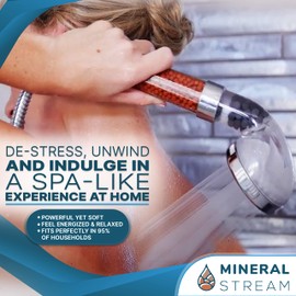 Mineral Stream Ionic Shower Head Full Kit with Replacement Beads + Hose + Shower Holder & Arm Diverter| 3 Settings High Pressure Water Saving Showerhead for Dry Hair & Skin
