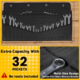 Wrench Roll 32 Pockets, Heavy-Duty 16 oz. Waxed Canvas Wrench Roll Up Bag Holds Wrench Wrap for Metric and SAE Wrenches, Wrench Pouch with Buckles and Handle, Sturdy Wrench Tool roll (Black)