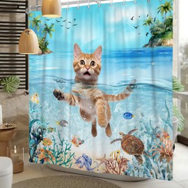 ChloropLastid Funny Cat Shower Curtain Ocean Lovely Swimming Kitten Turtle Coral Fish Tropical Nautical Bathroom Curtain 72x72 inch Cute Bthroom Decor Gifts for Kids Soft Waterproof Fabric