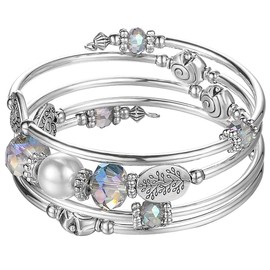 Crystal Beads Layered Bangle Bracelet, Silver Plated Metal Wrap Bracelet with Pearl, Jewellery Gifts for Women Ladies Friends（92-Green）