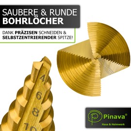 Pinava® HSS Step Drill Bit Set 3-Piece, Robust, Sharp, Taper Drill for Clean Drill Holes, Peeling Drill Ideal for Metal, Wood, Plastics, Sheet Metal Drill, Cone Drill Diameter 4-32 / 4-20 / 4-12 mm