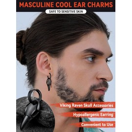 Gothic Raven Skull Hoop Earrings Mens Viking Jewelry Stainless Steel Nordic Crow Dangling Earring Cool Black Ear Drops Nickle Free