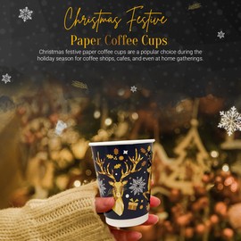 We Can Source It Ltd - 8oz Christmas Paper Coffee Cups - Festive Double Walled Takeaway Cups - 100 Cups with Black Lids