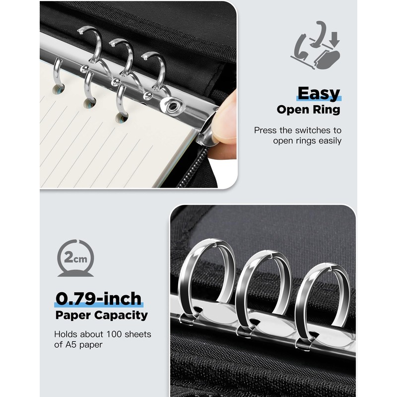 Zannaki A5 Zipper Binder, 6 Ring Personal Planner Journal Budget