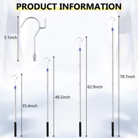Clothes Hook Pole, Clothes Hanger Reaching Hook - Extendable 35" to 78" Stainless Steel Pole with Sponge Handle, Ideal for Hanging Clothes, Lights & Plants