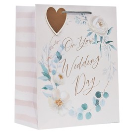 Design By Violet On Your Wedding Day Large Gift Bag – Elegant Floral Design with Gold Foil Text, Striped Sides & Printed Interior – Luxury Paper Gift Bag for Weddings