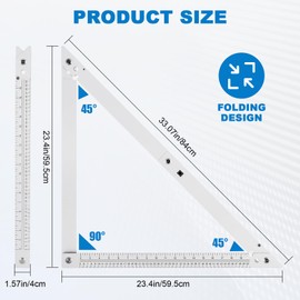 Meticuloso Folding Triangle Ruler 23.4inchs, Aluminum Framing Square Carpentry Squares Construction Framing Tool Collapsible Square Right Angle Ruler