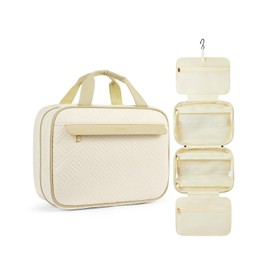 Telena Hanging Travel Toiletry Bag - Quilted Convenient & Stylish Organizer for Traveling Women, White with Khaki