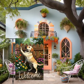 Welcome Spring Summer Garden Flag 12x18 Inch Double Sided Small Butterfly Labrador Retriever Seasonal Wildflowers Burlap Decor Rustic Farmhouse Home Yard Lawn Decoration