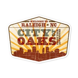 Die Cut Sticker Raleigh, North Carolina, Skyline and Sunburst Screenprint Style, Contour Vinyl Sticker 3 to 6 inches, (Waterproof Decal for Cars, Water Bottles, Laptops, Coolers), Large