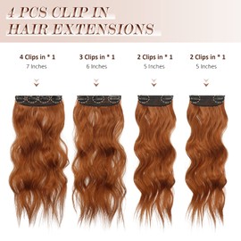 FESHFEN Clip in Hair Extensions 4PCS Copper Red Thick Highlight Hairpieces Long Wavy Clip in Hair Piece Full Head Synthetic Fiber Hair Extensions for Women, 20 Inches 180g