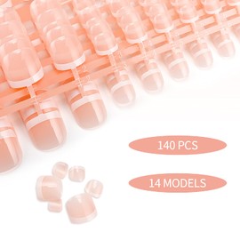 LIARTY Pack of 140 Toenails Suitable Summer French False Toenails Set Natural Nail Design for Full Cover Artificial Toe Nail Tips for Women and Women