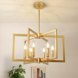 6-Light Gold Chandelier, Farmhouse Dining Room Light Fixture, 21.3in Modern Chandelier, Geometric Industrial Metal Hang Lighting Fixture for Foyer Entryway Kitchen Over Table Hallway Living Room