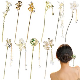 10 Pcs Decorative Vintage Retro Pearl Gold Metal Hair Sticks Pins with Pearl Jade Dangles Tassels Pendants, Chinese Hanfu Asian Gold Metal Flower Butterfly Hair Sticks Hair Chopsticks for Women Girls
