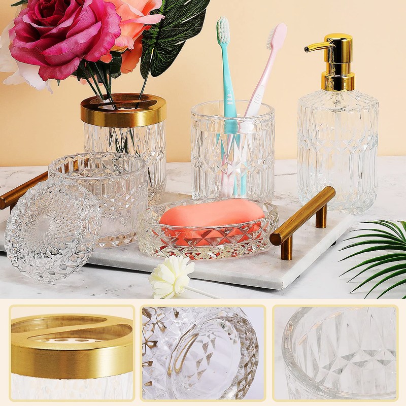 5Pcs Glass Bathroom Accessories Complete Set, Lotion Dispenser, Soap Dish,