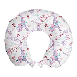 Ambesonne Romantic Travel Pillow Neck Rest, Vintage European Paris Eiffel Tower with Flowers Floral Swirls Art, Memory Foam Traveling Accessory for Airplane and Car, 12", Pale Blue Pink and White