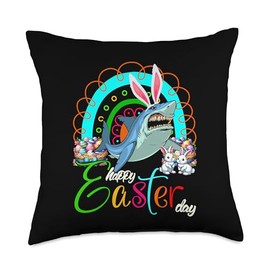 Happy Easter Day Bunny Shark Chocolate Eggs Basket Rainbow Throw Pillow