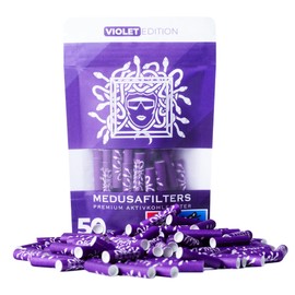 Medusafilters Pack of 50 Activated Carbon Filters 6 mm Slim - Coconut Activated Carbon with New Narrower Cellulose Caps, 25 mm, Made in Germany (Violet Edition)