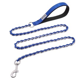 S-ETOVUS Dog Leash Chew Proof, Chain Leash Anti Chew Dog Leash for Large Dogs Heavy Duty, Indestructible Metal Leash Anti Bite Chain Link with Woven Cord Soft Padded Handle (Blue, 5FT)