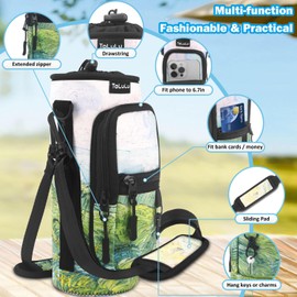 Water Bottle Carrier Bag 25/32/40oz with Pocket, Insulated Neoprene Adjustable Shoulder Strap Water Bottle Pouch Case, Crossbody Water Bottle Holder Sling Sleeve for Women Men, 25OZ Green Theme