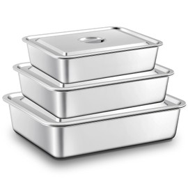 Tiangrid 3 Pcs Stainless Steel Bus Tubs with Lid 4" Deep Meat Commercial Tote Box Dishwashing Utility Prep Tub Table Pans, Silver (15.7 x 11.8 Inch,17.7 x 13.7 Inch,19.7 x 13.8 Inch)