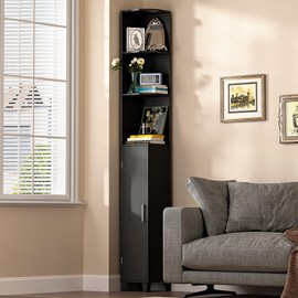 MOHOPE Corner Shelf with Cabinet, 74.8" Tall Corner Display Cabinet with Door, 5-Tier Narrow Bookshelf with Adjustable Shelves for Living Room, Bathroom, Dining Room, Small Space, Black