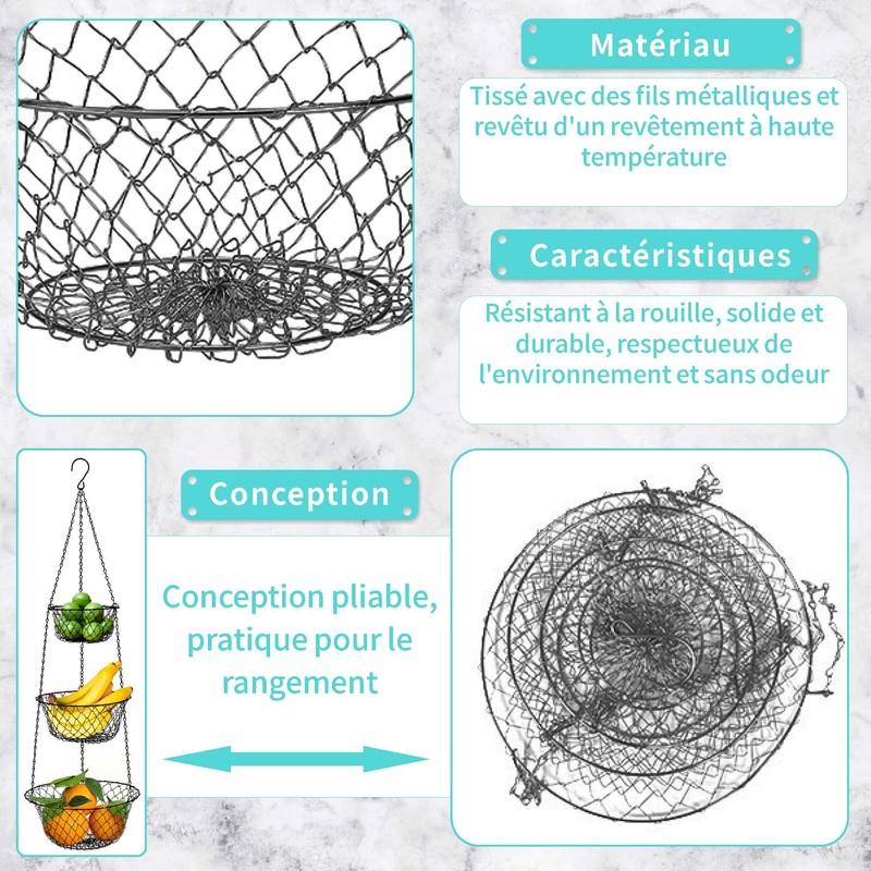Home Bay Hanging Fruit Basket Kitchen 3 Tier Wire Stand