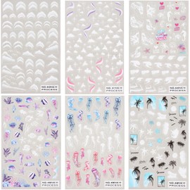 Summer Nail Art Stickers Ocean Nail Art Decals 3D Self-Adhesive DIY Nail Sticker Palm Tree Sea Beach Cloud Jellyfish Starfish Nail Supplies for Women Girls Nail Decoration Accessories 6 Sheets