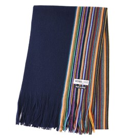 MICHIKO LONDON Brand Scarf, Made in Italy, Men's, Unisex, Ruschel Knitting, Multi-Stripe, Cold Protection, Present, (C: Navy), C: Navy