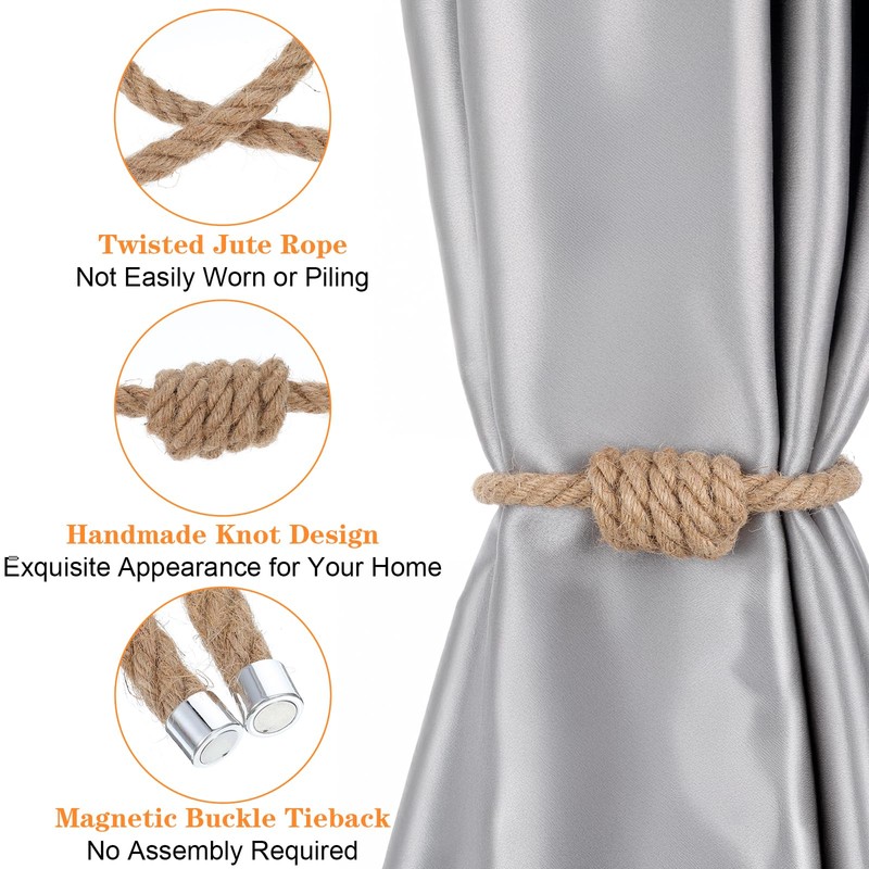 Wanmu 2 Pcs Mini Magnetic Curtain Tiebacks, Boho Jute Curtain