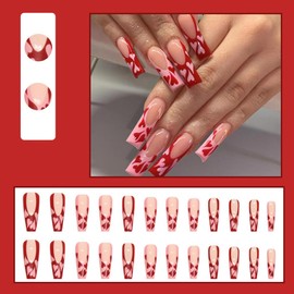 Long Coffin Press on Nails French Tip Fake Nails Red Heart False Nails Glossy Glue on Nails Full Cover Stick on Nails Valentine's Day Acrylic Nails Ballerina Artificial Nails for Women Manicure 24Pcs