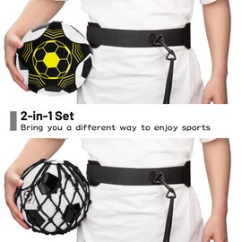 2PCS Soccer Ball Net Soccer Training Equipment Combo Set, Football Kick Throw Solo Practice Aid, Upgrade Adjustable Waist Belt Elastic Rope Soccer Nets for Kids Youth Adults for Ball Size 3, 4, and 5