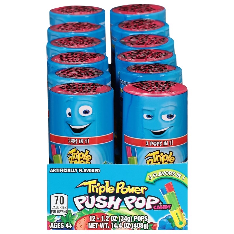 Push Pop Triple Power Candy Lollipops Three-In-One, 12 Ct Bulk